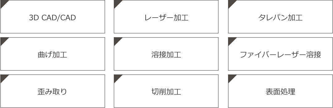 3D CAD/CAD、レーザー加工、タレパン加工、曲げ加工、溶接加工、ファイバーレーザー溶接、歪み取り、切削加工、表面処理